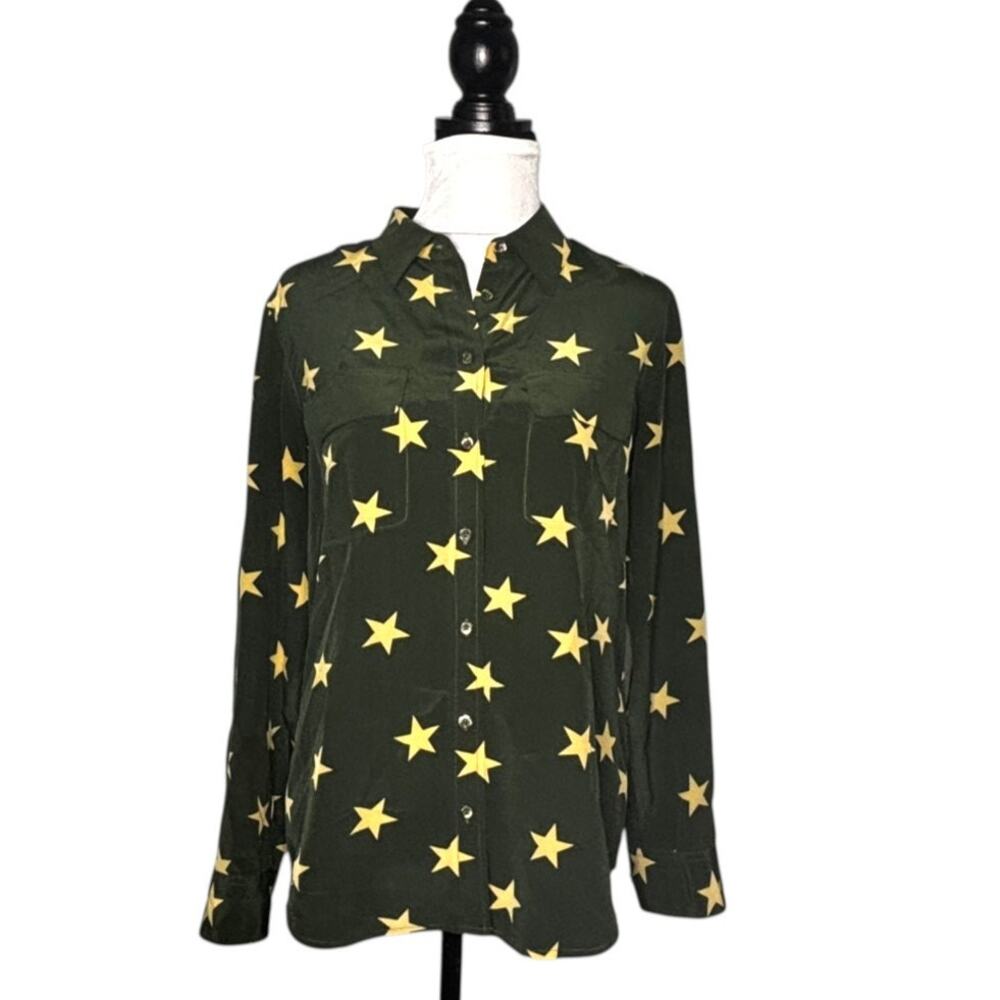 Equipment Femme Silk Buttondown Shirt Dark Green Beige Stars Size Medium